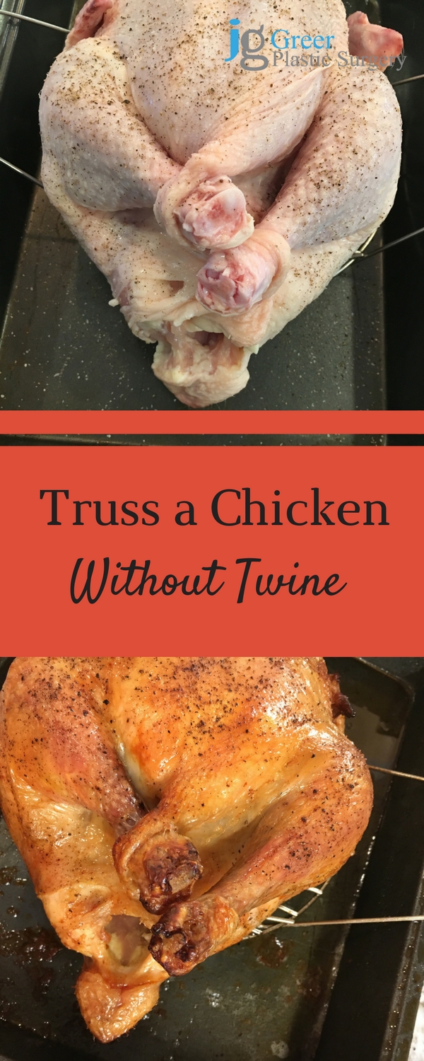 a roasted chicken that has been trussed without twine